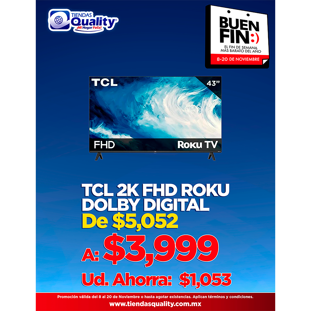 PANTALLA TCL DE 43 PULGADAS SMART ROKU TV 43S310R