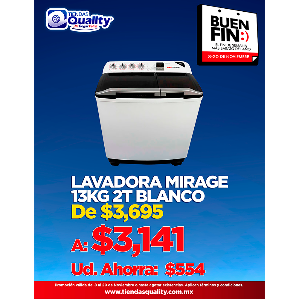 LAVADORA MIRAGE SEMIAUTOMÁTICA 13 KG 2 TINAS LMS013M BLANCO