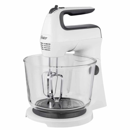 BATIDORA OSTER DE MANO Y PEDESTAL BLANCA TAZÓN DE VIDRIO